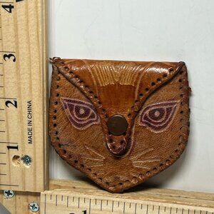 Women's Vintage Leather Cat Face Coin Purse Hand Stitched Brown Snap Wallet
